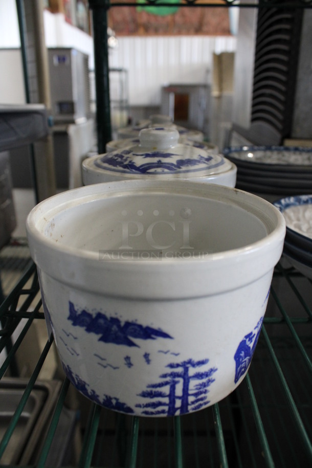 4 White and Blue Ceramic Bowls w/ 3 Lids. 5x5x5. 4 Times Your Bid!