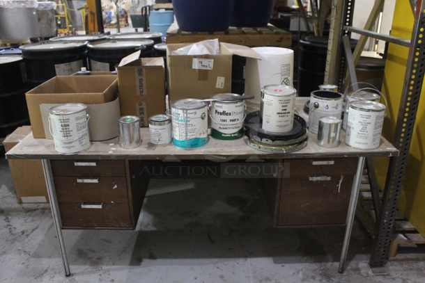 Metal Brown Desk w/ Contents Including Varnish, Liquid Rubber. BUYER MUST REMOVE. - Image 1 of 9
