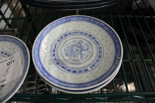 3 White and Blue Ceramic Plates. 5.5x5.5x1. 3 Times Your Bid!