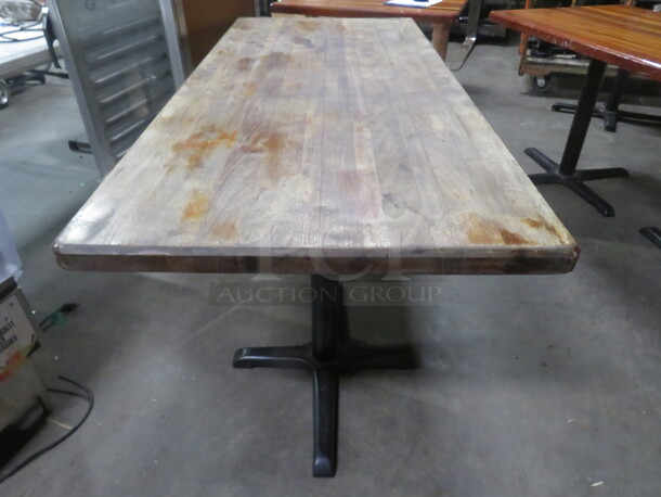 One BEAUTIFUL 2 Inch Thick Butcher Block Table Top On A Dual Pedestal Base.  66X30X29. NEEDS Varnish. - Image 3 of 3