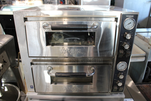 Waring Model WPO750 Stainless Steel Commercial Countertop Electric Powered Double Deck Pizza Oven. 240 Volts, 1 Phase. 27x26x22