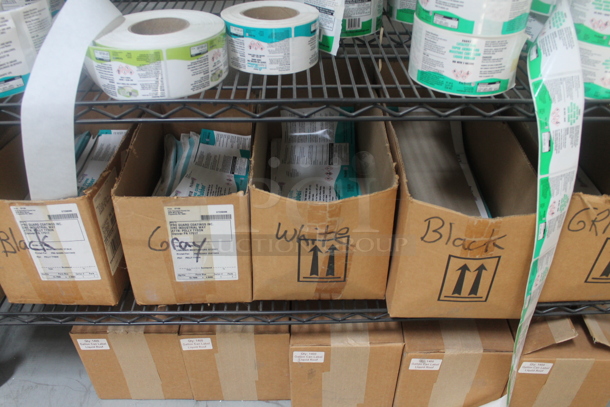 Black 4 Tier Wire Shelving Unit w/ Contents Including Labels on Commercial Casters. BUYER MUST REMOVE. - Image 8 of 8