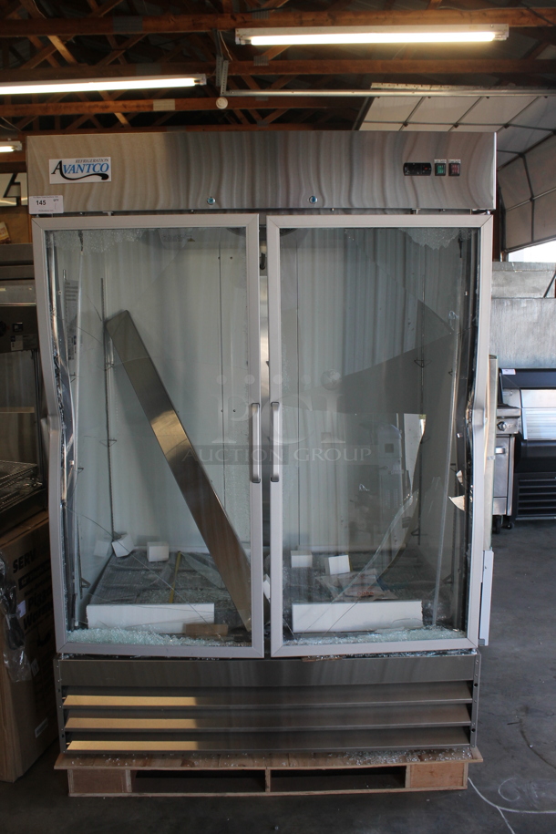 BRAND NEW SCRATCH AND DENT! 2022 Avantco 178A49RGHC Stainless Steel Commercial 2 Door Reach In Cooler Merchandiser w/ Poly Coated Racks. 115 Volts, 1 Phase. Tested and Working! - Image 1 of 5