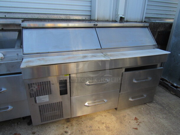 One Stainless Steel Randell 4 Drawer Refrigerated Prep Table With Cutting Board On Casters. Drawers Need Parts To Attach. Working! Model# 51368PR. 115 Volt. 72X35X48 - Image 2 of 2