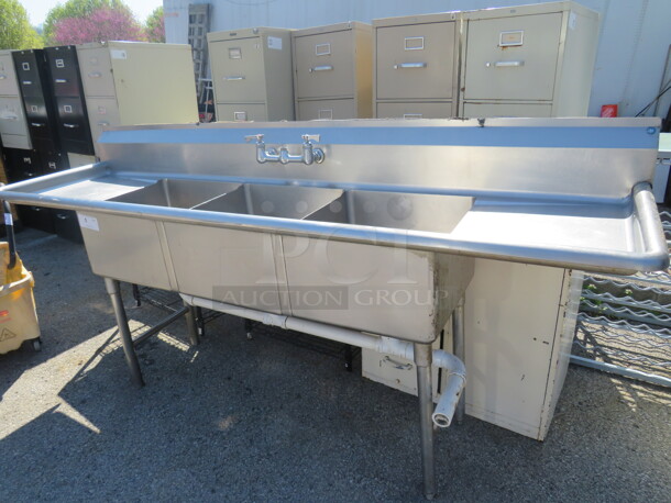 One Stainless Steel 3 Compartment Sink With Faucet, No Sprayer, And R/L Drain Boards. 90X25X43.5. SInk 18X18X11. - Image 2 of 2