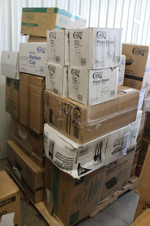 PALLET LOT of 38 Boxes of BRAND NEW Items Including 4 Box Choice Pizza Box Stack / Pizza Saver - 1000/Case, 2 Choice 127P075C 0.75 oz Portion Cup, Choice 9
