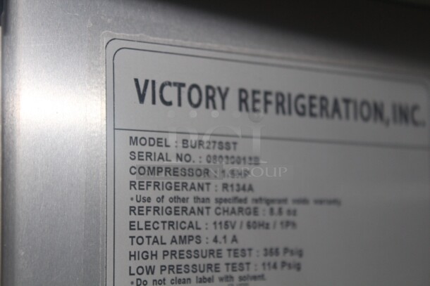 NEW! Victory Model BUR27SST Commercial Stainless Steel Single Door Undercounter Refrigerator/Cooler On Casters. 28x31.5x34. 115V/60Hz.  - Image 3 of 6
