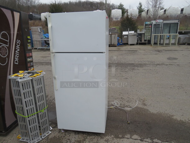 One GE Refrigerator/Freezer. 110 Volt. Model# GTH18HCTRRWW. 28X30X66.5