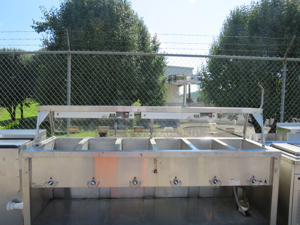 One Duke 6 Well Steam Table With Under Shelf, Over Shelf, 2 Hatco Glo Ray Food Warmers, And Sneeze Guards. 88X26X62.5 208 Volt. 3 Phase. #E6CBSS. - Image 2 of 3