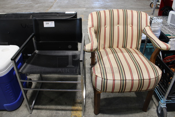 2 Various Chairs w/ Arm Rests; Black and Striped. 27x21x31, 20x18x30. 2 Times Your Bid!