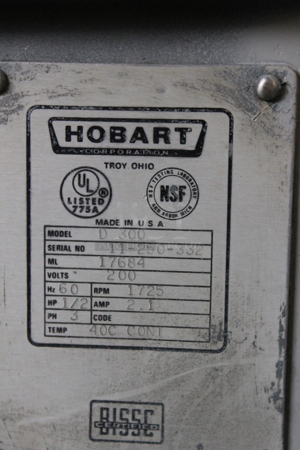 Hobart D 300 Metal Commercial Floor Style 30 Quart Planetary Dough Mixer w/ Stainless Steel Mixing Bowl and Paddle Attachment. 200 Volts, 3 Phase.  - Image 9 of 10