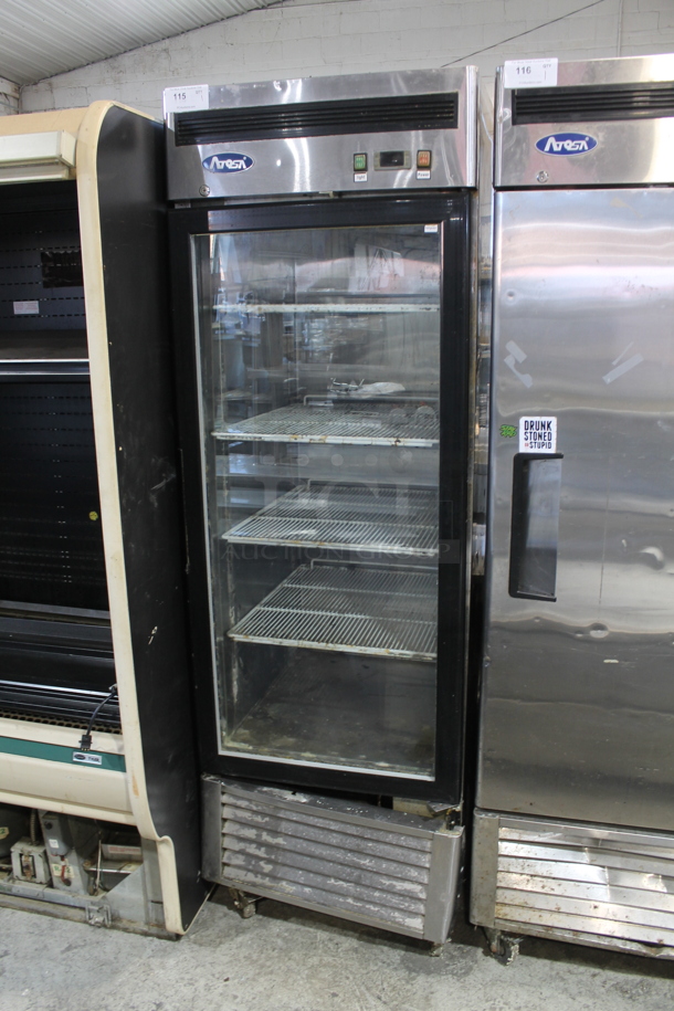 2015 Atosa MCF8705 Stainless Steel Commercial Single Door Reach In Cooler Merchandiser w/ Poly Coated Racks on Commercial Casters. 115 Volts, 1 Phase. Tested and Powers On But Does Not Get Cold - Image 1 of 5