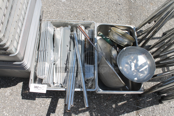 ALL ONE MONEY! Lot of 2 Bins w/ Contents Including Brackets, Metal Poles and Strainer.