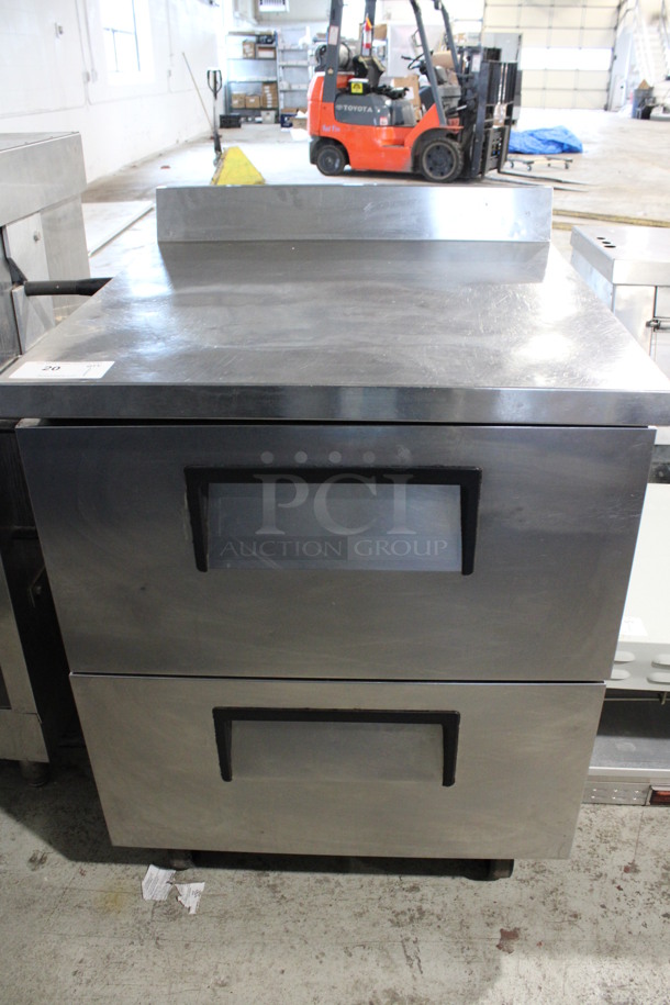 True Model TWT-27D-2 Stainless Steel Commercial Work Top Cooler w/ 2 Drawers on Commercial Casters. 115 Volts, 1 Phase. 27.5x30x39.5. Tested and Working!