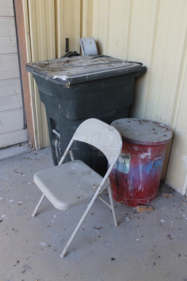 ALL ONE MONEY! Lot of Various Items Including Trash Can and Metal Folding Chair. BUYER MUST REMOVE. (outside) - Image 2 of 6