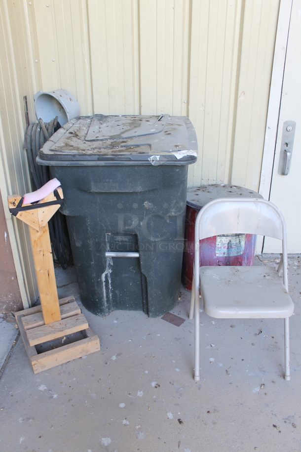 ALL ONE MONEY! Lot of Various Items Including Trash Can and Metal Folding Chair. BUYER MUST REMOVE. (outside) - Image 1 of 6