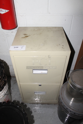 Tan Metal 2 Drawer Filing Cabinet w/ Contents. BUYER MUST REMOVE.