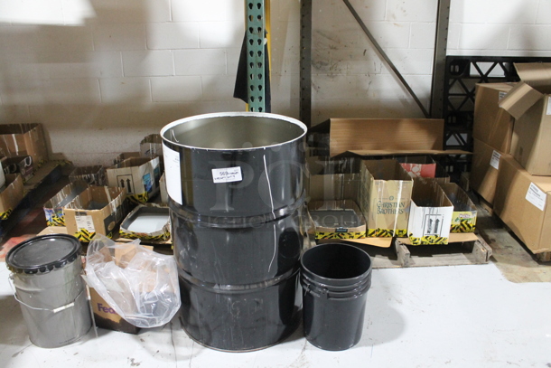 ALL ONE MONEY! Lot of Black Metal Barrel and Poly Buckets. - Image 1 of 2