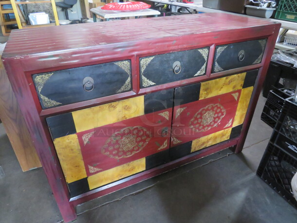 One 3 Drawer 2 Door Wooden Cabinet. 48X18X34 - Image 1 of 2