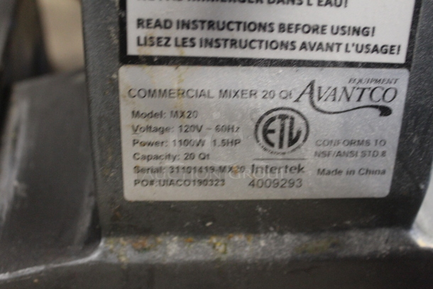 Avantco MX20 Metal Commercial Countertop 20 Quart Planetary Dough Mixer w/ Stainless Steel Mixing Bowl, Bowl Guard, Dough Hook, Paddle and Whisk Attachment. 120 Volts, 1 Phase. Tested and Working!  - Image 5 of 7