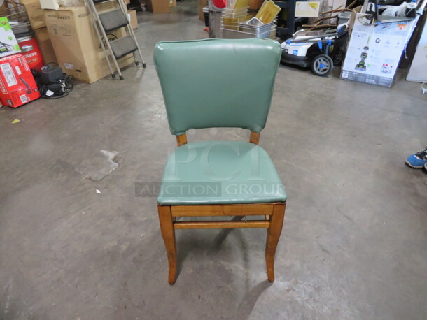 Wooden Chair With Green/Blue Cushioned Seat And Back. 5XBID