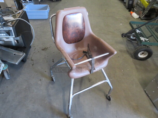 One Metal Poly High Chair With Safety Strap On Casters.  - Image 2 of 2