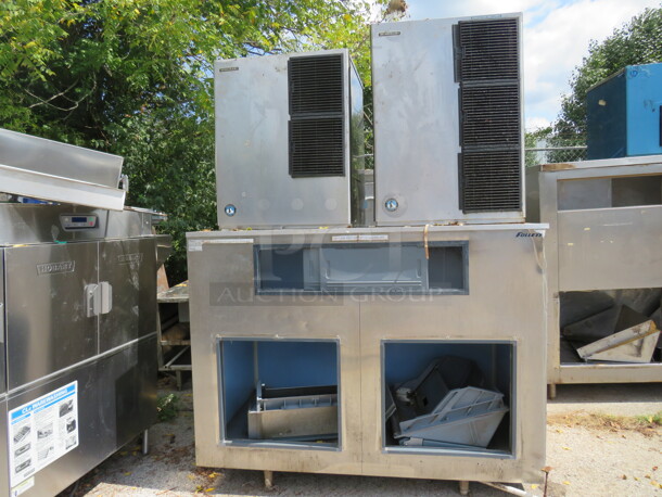 2-Hoshizaki Air Cooled Crescent Cubed Ice Maker #KM1340MAH, And 1 Follet Ice Bin. 208-230 Volt. 72X40X97. 3XBID. YOU WILL RECEIVE 2 ICE MAKERS AND 1 ICE BIN!!!! ICE BIN LIDS NEED TO BE REATTACHED! - Image 1 of 2