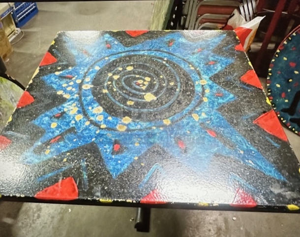 One 30X30X30 Abstract Painted  Table Top On A Pedestal Base.  - Image 1 of 2