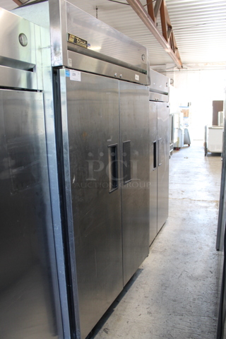 2012 True TG2R-2S ENERGY STAR Stainless Steel Commercial 2 Door Reach In Cooler w/ Poly Coated Racks on Commercial Casters. 115 Volts, 1 Phase. Tested and Working!
