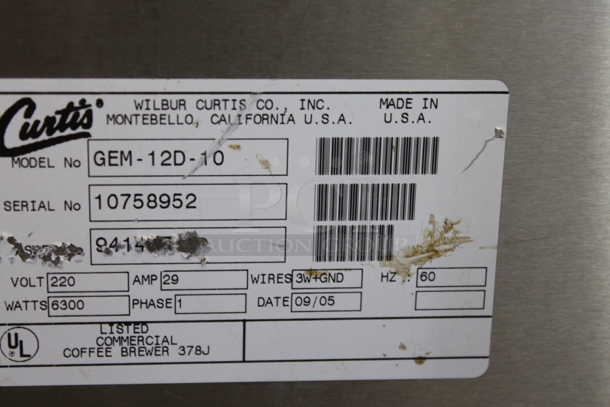 Curtis GEM-12D-10 Stainless Steel Commercial Countertop Coffee Machine. 220 Volts, 1 Phase.  - Image 4 of 4