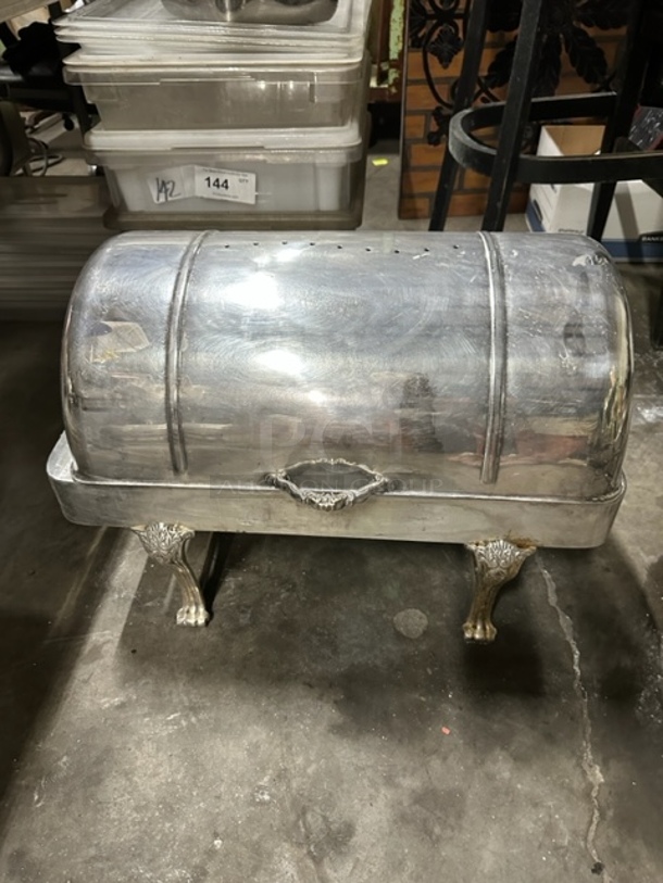 One BEAUTIFUL HEAVY Roll Top Silver Plated Full Size Chafer With Lions Head Legs. - Image 1 of 3