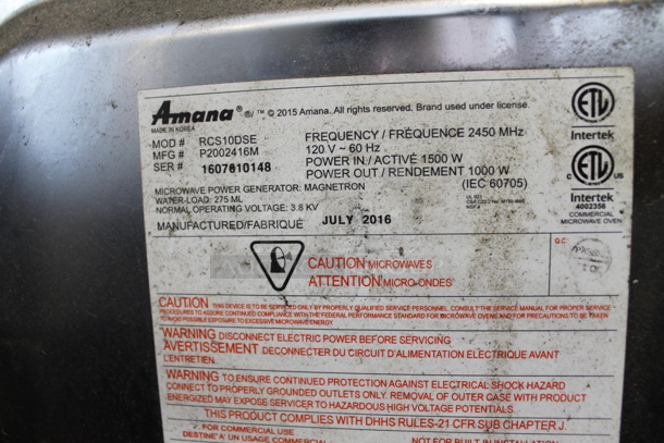 2016 Amana RCS10DSE Stainless Steel Commercial Countertop Microwave Oven. 120 Volts, 1 Phase. - Image 8 of 8