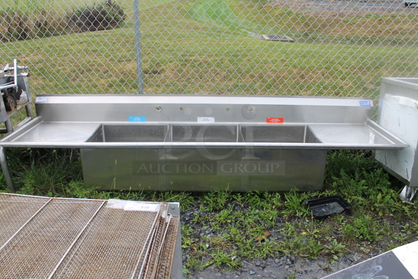 Stainless Steel Commercial 3 Bay Sink w/ Dual Drain Boards. No Legs.  - Image 1 of 3