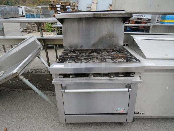 One SS Cheftech Natural Gas 6 Burner  Range With SS Over Shelf. Missing 1 Knob. #R3661. 36X33X46