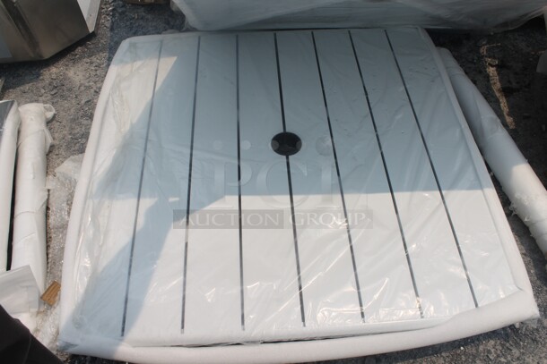 6 Outdoor Synthetic Teak Style Table Tops In White, Red, Gray, Blue With X-Shape Table Base. 6 Times Your Bid!  - Image 6 of 11