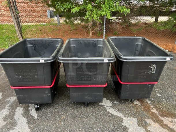 3 BRAND NEW! Rubbermaid Black Poly Rolling Bins on Casters. 31x44x40. 3 Times Your Bid!