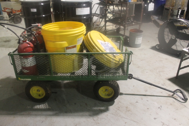 Green Metal Mesh Wagon w/ Contents Including Poly Bin and Fire Extinguishers. Buyer Must Pick Up - We Will Not Ship This Item - Image 1 of 5