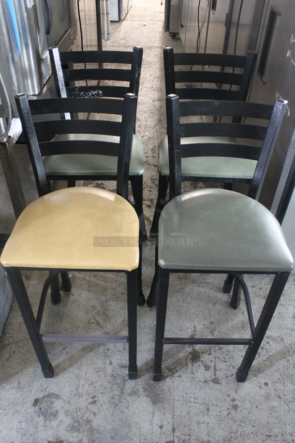 4 Black Metal Bar Height Chairs w/ 1 Yellow and 3 Green Seat Cushions. 4 Times Your Bid! - Image 1 of 6