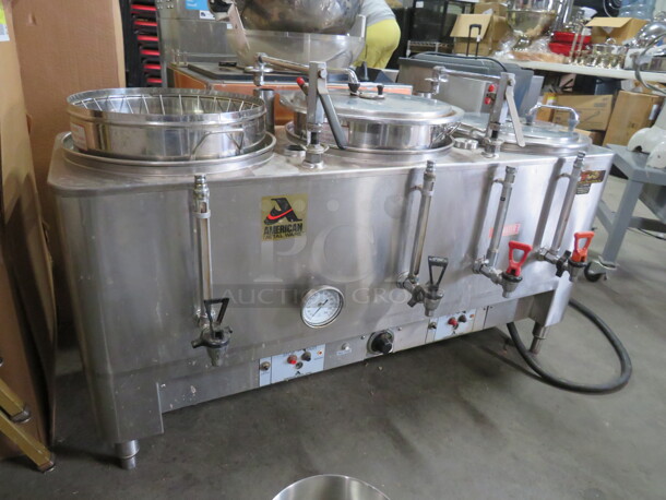 One Stainless Steel American Ware Triple Coffee Brewer Urn. #7303E. 120/240 Volt. 1 Phase. 47X20X29. Missing 1 Lid. - Image 3 of 6