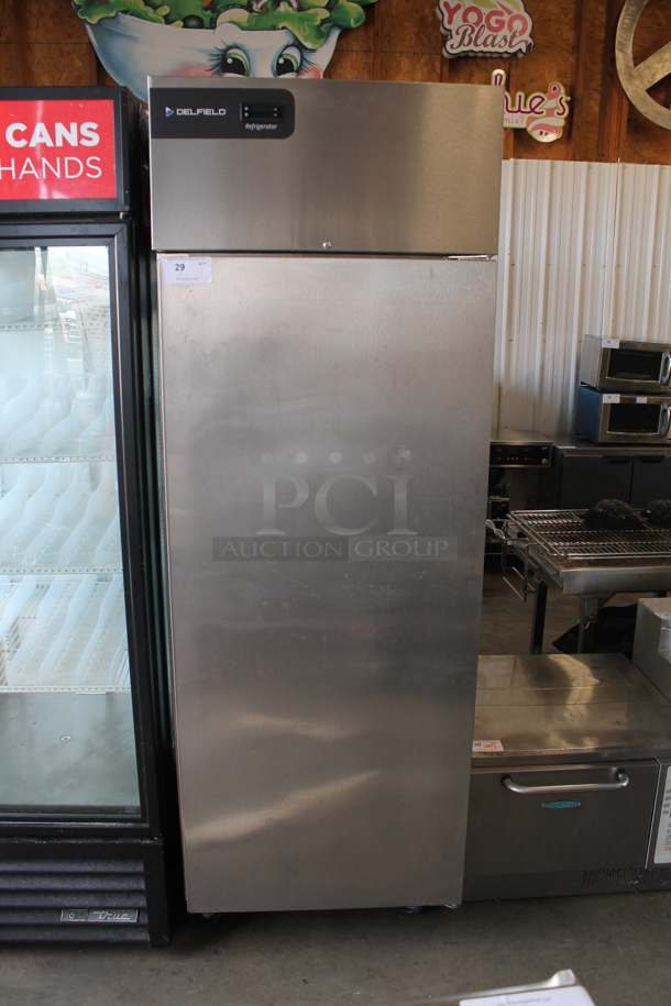 2020 Delfield GBR1P-S Stainless Steel Commercial Single Door Reach In Cooler w/ Poly Coated Racks. 115 Volts, 1 Phase. Tested and Does Not Power On