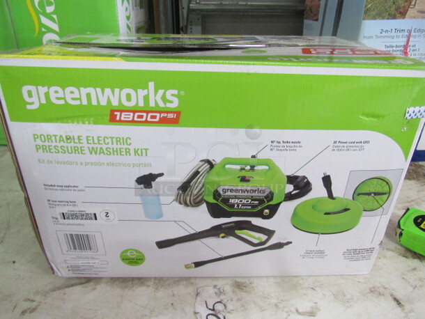 One Greenworks Portable 1800psi Electric Pressure Washer. 1.1gpm. 