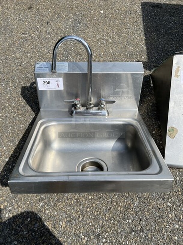 Advance Tabco Stainless Steel Single Bay Wall Mount Sink w/ Faucet and Handles. 17x18x20