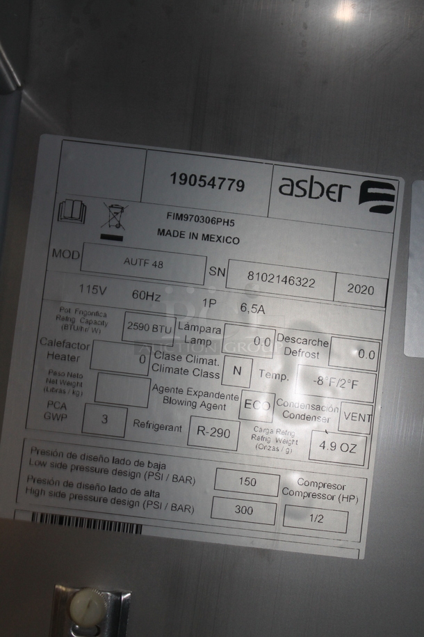 2020 Asber AUTF 48 Stainless Steel Commercial 2 Door Undercounter Cooler on Commercial Casters. 115 Volts, 1 Phase. Tested and Powers On But Does Not Get Cold - Image 7 of 7