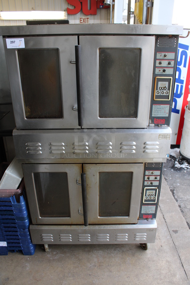 2 Lang Stainless Steel Commercial Natural Gas Powered Full Size Convection Oven w/ View Through Doors and Metal Oven Racks on Commercial Casters. 40x40x70. 2 Times Your Bid!