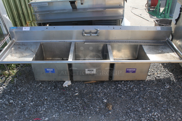 Stainless Steel Commercial 3 Bay Sink w/ Dual Drain Boards and Handles. No Legs. - Image 1 of 4