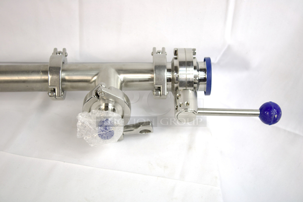 NEW/NEVER USED COMPLETE 1-1/2” Tri-Clamp CIP Arm With SB-G250-100-B175-7.5 Rotating CIP Spray Ball, ¼” Hose Barb For Sight Glass Tubing (At Top), 1-1/2” Tri-Clamp “T” Valve  With 1/4" NPT Fitting For Pressure Valve, 1-1/2” Tri-Clamp Butterfly Valve Drain - Image 3 of 4