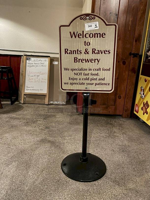 Weighted Metal Sign Holder With Reflective Aluminum "Rants & Raves Brewery" Sign Attached. - Image 1 of 3