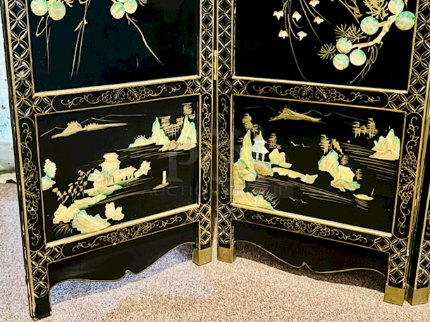 BEAUTIFUL!! Adjustable 4 Panel Room Divider, Different Designs On Front & Back Wood. Minor Signs of Ware, 71” Wide. - Image 6 of 12