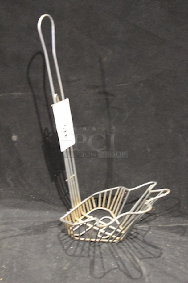 HOLY GUACAMOLE! Steel Taco Salad Shell Fry Basket, Nickel-Plated Stainless.  9 1/4" x 8 1/2" x 4 5/8" (18" to top of handle).  - Image 1 of 3