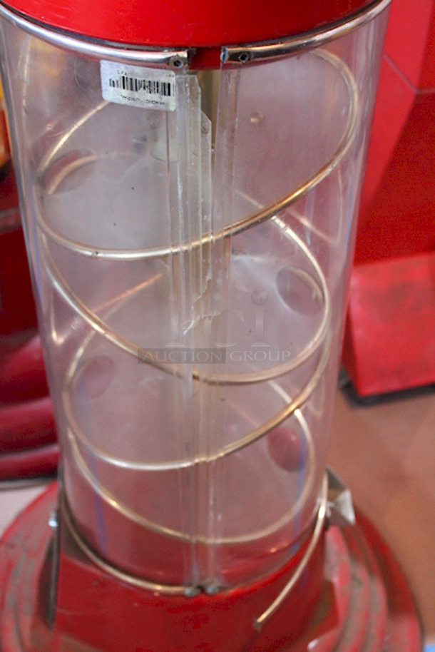 SWEET! World Famous Magic Gumball International 5ft Large Spin and Drop Commercial Gumball Machine with Stand - Quarter Activated, Classic Red. TESTED! Machinery Works. Minor Damage to The Fiberglass Around The Center Of Machine. Brass/Metal Collar May Need A Screw. Very Easy Fix. Missing The Lid.  - Image 4 of 6
